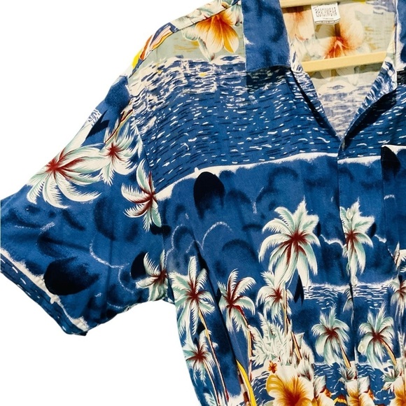Vtg Men’s Hawaiian Shirt Orchids Sailboats Water Palm Trees Blue Multicolor Sz L - Picture 2 of 5